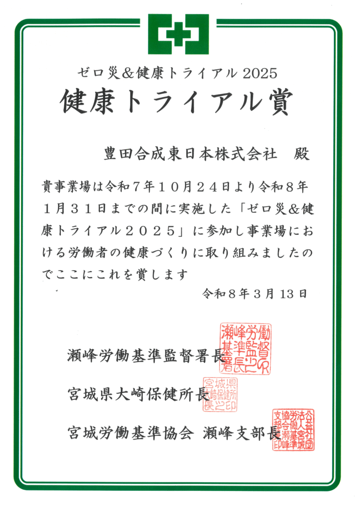 健康トライアル賞2025の賞状